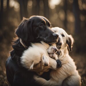 An image capturing a mother dog tenderly cradling one of her puppies in her loving embrace, while her other pups playfully frolic around her, showcasing the undeniable bond between them