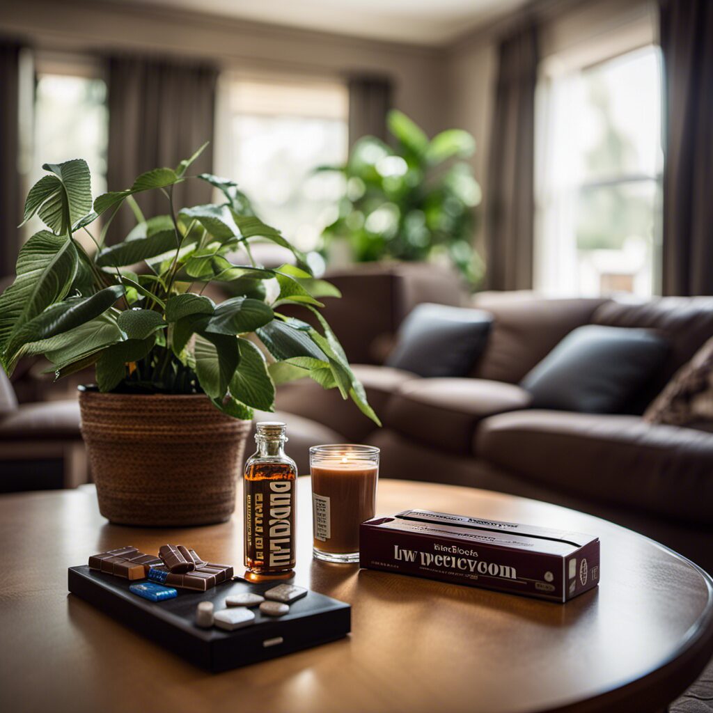 An image depicting a serene living room with an unattended chocolate bar on a low coffee table, a wilted potted plant nearby, and an open bottle of prescription medication within a curious dog's reach