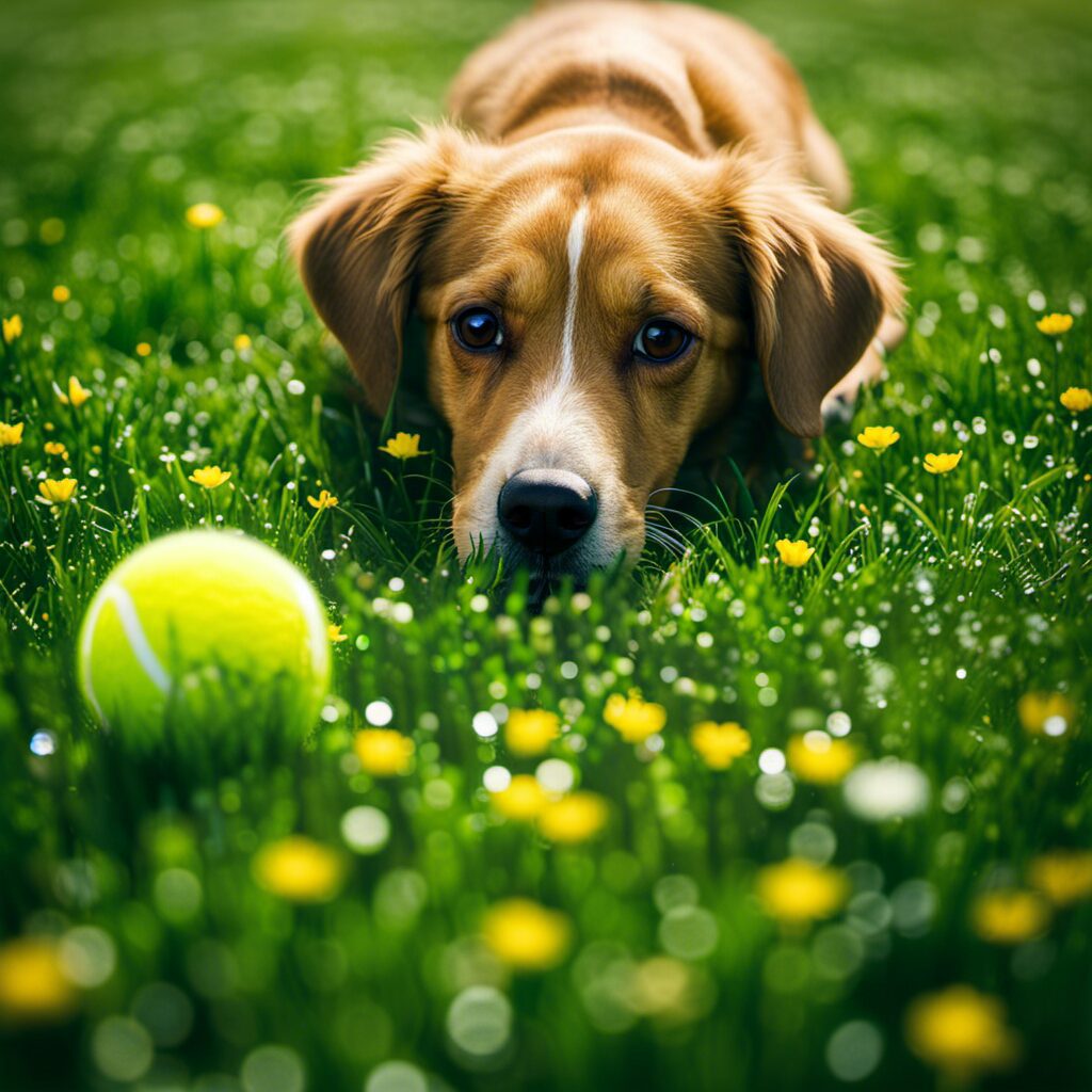 An image showcasing a vibrant green lawn with a playful yellow tennis ball half-submerged in a crystal-clear puddle of dog urine, surrounded by lush green grass and blooming flowers