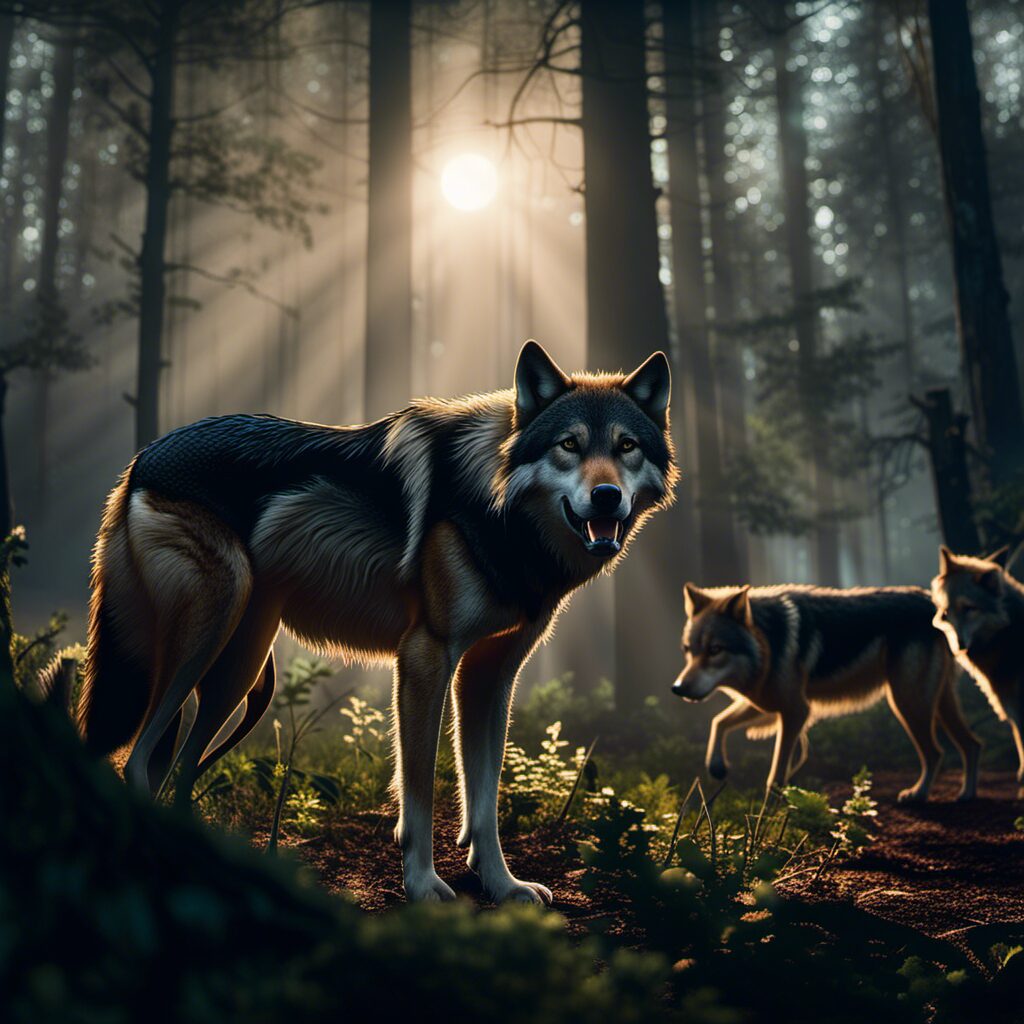 An image capturing the essence of prehistoric canine diets: a pack of wolves in a dense forest, their powerful jaws tearing into a freshly caught prey, while others patiently await their turn under the watchful moonlit sky