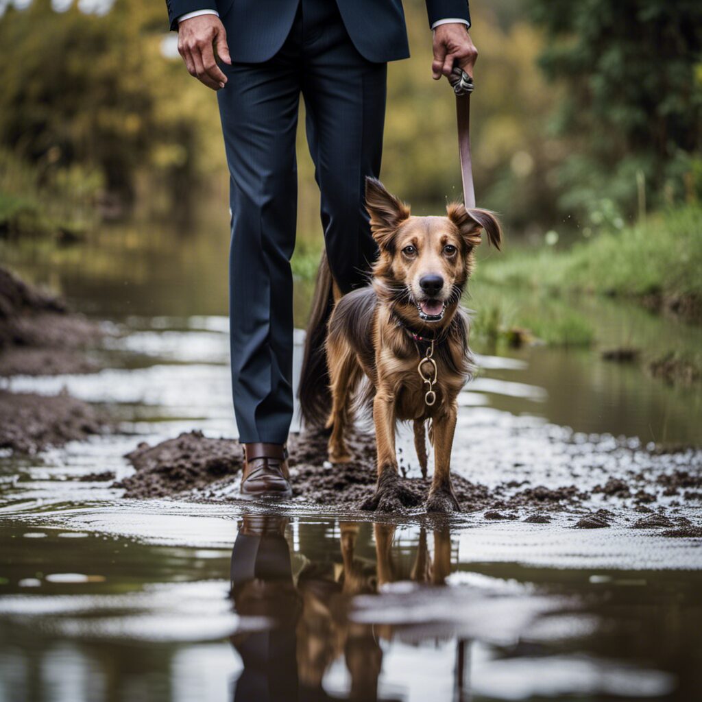 the essence of companionship and loyalty: A heartfelt image of a dog, patiently waiting by a muddy puddle, as a man, in a dapper suit, takes a leap of faith, stepping into the water with a beaming smile