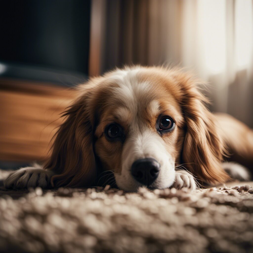 An image featuring a charming dog with its head tilted, sitting on a cozy rug