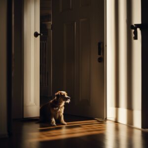 An image of a dimly lit room, with a forlorn foster dog peering out of a half-opened door, casting a long shadow on the floor